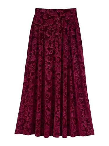 JEATHA High Waisted Maxi Skirts for Women Vintage Floral Jacquard Skirt A-Line Casual Flowy Long Velvet Skirt3