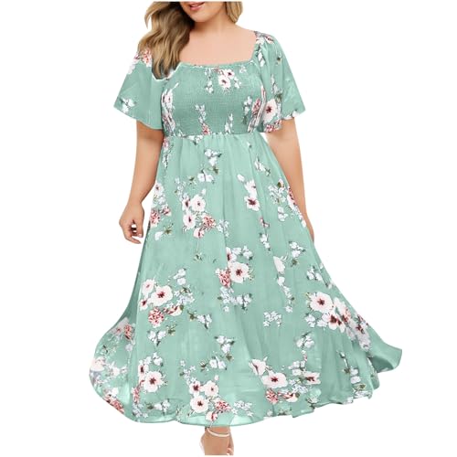 Plus Size Dress for Women UK Clearance Square Neck Short Sleeve Midi Dress Vintage Floral Print Casual Summer Loose Dresses Party Beach Boho Knee Length Dresses Ladies Elegant Going Out Sundress