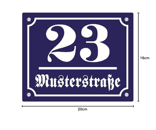 Hausnummernschild - Format 200 x 160 mm - Hausnummer - Emaille - Keramik - Wetterfest - Türschild. Farben: Blau Grün Anthrazit Weiß Zahl und Straßenname nach Wunsch. J.Pfaffenzeller