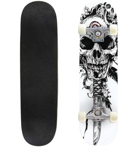 Skateboards - Tabla de skate con diseño gráfico detallado y realista de calavera humana blanca y negra de 7 capas, 78,7 x 20,3 cm, monopatín cóncavo de doble patada para principiantes, niños
