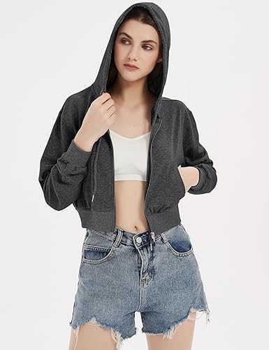 Image of Casual Wear Solid Crop Zipper Jacket Hooded Neck Full Sleeves with Kangaroo Pocket Hoodie for Women
