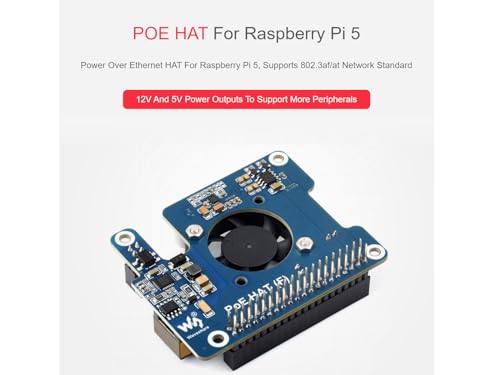 POE HAT (F) for Raspberry Pi 5, 802.3af/at-Compliant, Power Over Ethernet HAT Expansion Board for Raspberry Pi 5, with Metal Heatsink,Onboard Cooling Fan