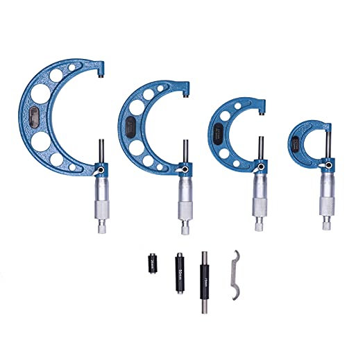 Walfront Herramienta de Medición de Metal para Diámetro Exterior Métrico, Juego de 4 Piezas de Micrómetro Exterior con Escala Transparente, Caja de Madera y Trinquete Antideslizante, Precisión de