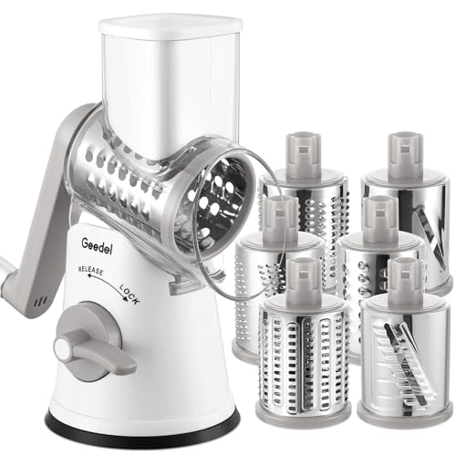 Image of Geedel Rotary Cheese Grater Vegetable Shredder With 6 Interchangeable Blades No Slip Suction Base, Mandoline Slicer & Food Chopper for Cheese, Ice, Nuts, Vegetables, Veggie
