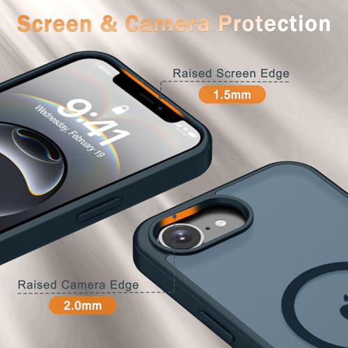 Image of YENAPOON for iPhone 17e Case, iPhone 16e Case, Matte Magnetic Phone Cover [with 1 Screen Protector] [Support for MagSafe] [Shockproof Military Grade Protection] Translucent Frosted Back, Navy Blue