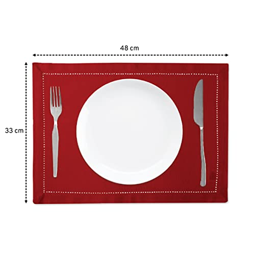 Image of Encasa XO Table Mats Set of 4 | Pure Cotton Hemstitched Design | Red | Rectangular Size 48x32 cm - Dining Placemat | Machine Washable