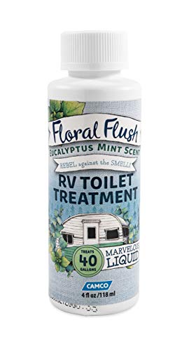 Camco 41482 Floral Flush Rv Toilet Treatment Singles, Eucalyptus Mint Scent - Eliminates Odors And Breaks Down Waste - Each Bottle Treats Up To 40-Gallons - Contains (6) 4 Oz. Bottles #TOP1