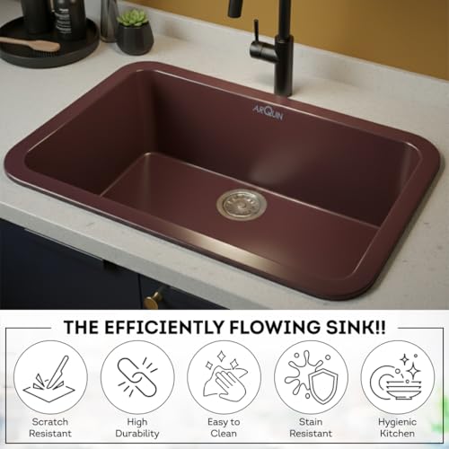 Image of ARQUIN Quartz Sink 24x18x9 Inch Brown Round Corner | Single Bowl Sink | Durable & Scratch-Resistant | Undermount /Topmount Including Coupling, Waste Pipe & Fruit Washing Basket