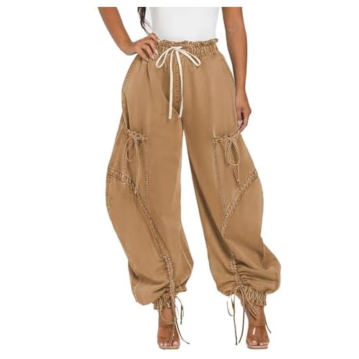 Voghtic Women's Baggy Y2K Elastic Waisted Jeans Bow-Knot Drawstring Pull-On Cargo Denim Pants Harem Pants Streetwear Khaki