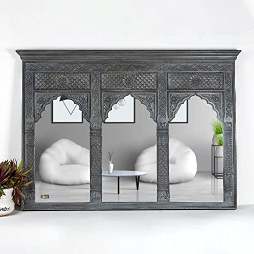 JAE Furniture Wooden Carved Mirror Frame | Antique Designer Mirror Frame for Living Room | Home Wall Hanging Mirror | | Decorative Mirror Jharokha Frame for Bedroom | Solid Wood, Grey Distress Finish