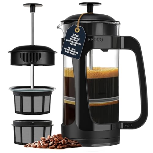 ESPRO P3 French Press Coffee Maker – Patented Double Micro-Filter for Grit-Free Brew, Heat Resistant thicker Borosilicate Glass Coffee press – (32 oz)
