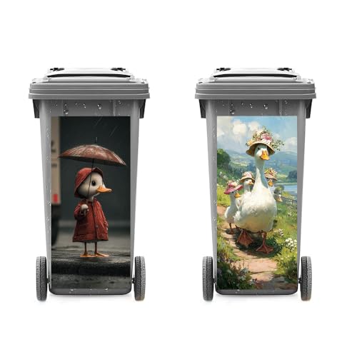 Image of 2 PC Trash Can Sticker 14.57 x 32.28 Inch Goose and Duck Design Vinyl Sticker with Floral Hat Umbrella and Meadow Path Pattern for Outdoor Garbage Bin Garden Yard Driveway Decor