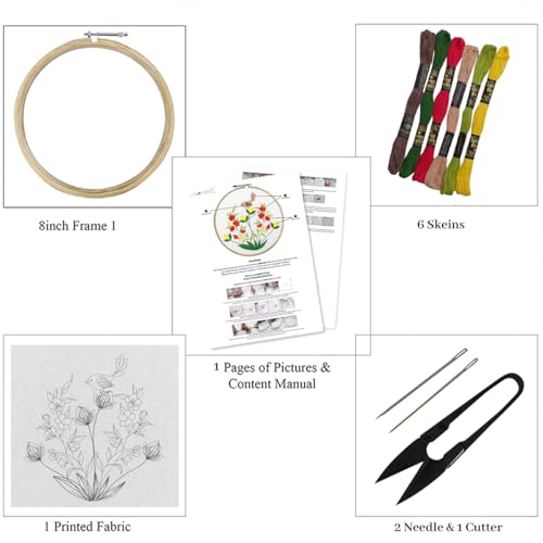 Image of picknMAKE Cross Stitch Embroidery Kit For Beginners & Adult, Showcasing Bird & Floral, Printed Fabric, Instruction Paper, Threads & Needles All Materials Included,Multicolor