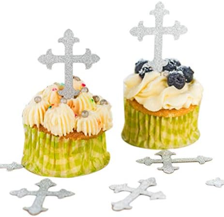 Baptism Cross Cupcake Toppers silver 50pcs, Cupcake Desserts Pastries Decoration, Cross Party Supplies for Baptism, Christening, religious event, First Communion or confirmation, wedding, baby shower