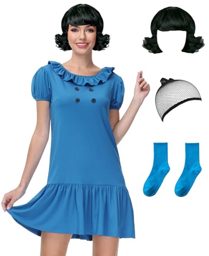 Halloween Women Short Sleeve Luchy Cvan Pealt Ruffle Collar Lovely Party Dress Cosplay Costume M Blue