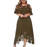 TRIGLICOLEUM Große Größen Abendkleid Damen Elegante Einfarbige Partykleid mit Spitze Nähten Rundhals Schulterfrei Cocktailkleid Rüschen Saum Ballkleid Kleid in A-Linie Maxikleid 5XL