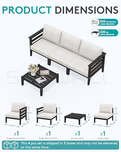 Image of SERWALL HDPE Outdoor Furniture Set, 4 Pieces Patio Sectional Sofa Set | All-Weather Wood-Like Outdoor Sofa Couch with Coffee Table, Modular Design for Flexible Combination