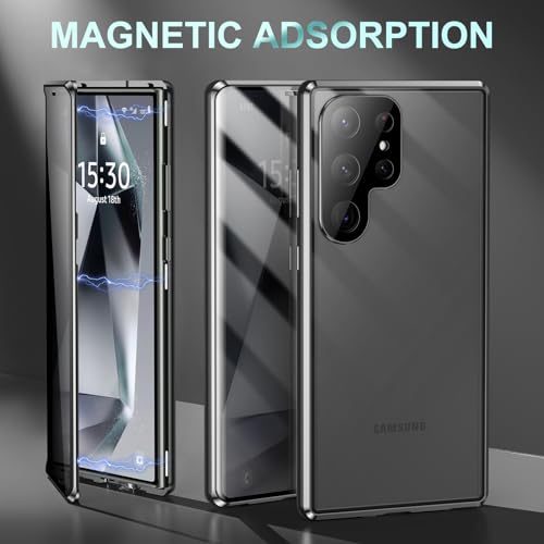 Jonwelsy Anti Peeping Case for Samsung Galaxy S24 Ultra, 360 Degree Front and Back Privacy Tempered Glass Cover, Anti SPY Screen, Anti Peep Magnetic Adsorption Metal Bumper for S24 Ultra (Black) - Thumbnail 3