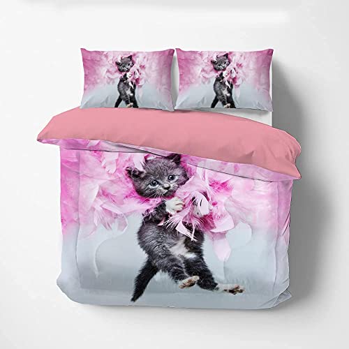 Yasida Cat Comforter Twin, Cat Bedding Set Twin Size For Kids, Cat Comforter Set For Girls And Boys, Pink Feathers Black Cat 3Pcs( 1Comforter+ 2 Pillowcases) Lovely Animal Pets Duvet Set #TOP3