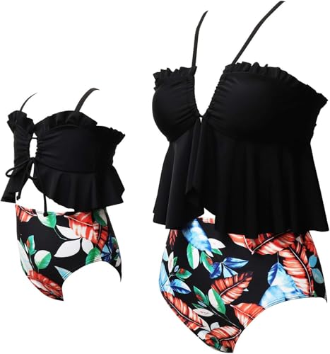 Family Matching Swimsuits Cutout Crossback Ruffle High Waisted Bathing Suits Mommy and Me Two Pieces Bikini Set2