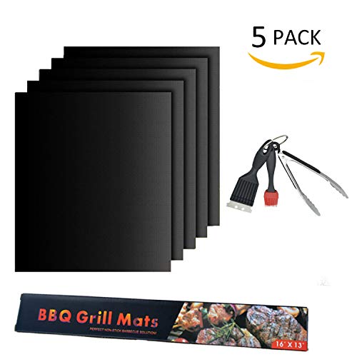 Rechoo Lot de 5 Tapis de Cuisson Anti-adhésif réutilisables pour Barbecue au Charbon de Bois, gaz, Four et grilles électriques avec 3 Outils pour Barbecue 15.7''x13'' Set of 5
