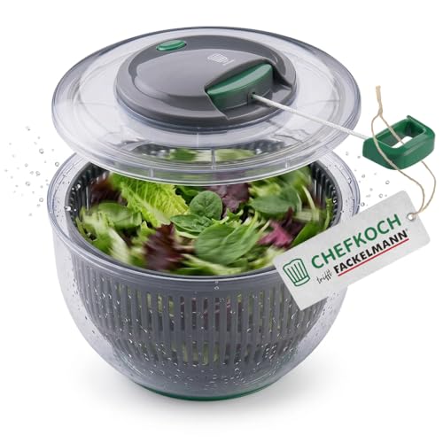 FACKELMANN Chefkoch Salatschleuder mit Seilzug und Stopp-Taste Salad Spinner zum mühelosen Waschen Trocknen & Servieren von Salat Inklusive praktischem Seilzug & herausnehmbarem Sieb