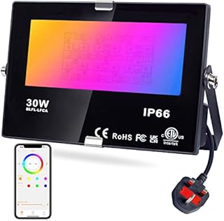 DUSKTEC LED Floodlight Outdoor 30W, Smart RGB Colour Changing Flood Lights Bluetooth APP Control, Warm White IP66 Waterproof Plug-in Outdoor Lighting 300W Equivalent