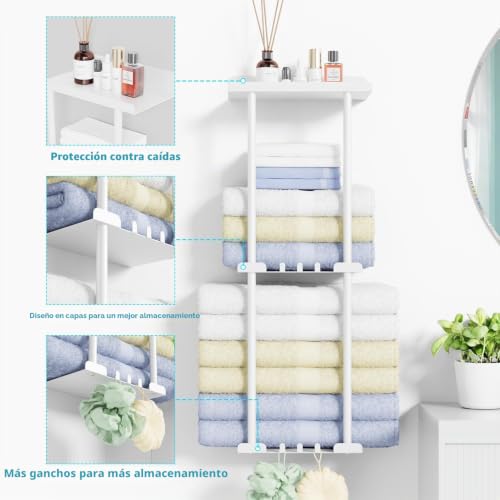 Miniatura 8 de Toallero De Pared Con Estante Y 6 Ganchos, Organizador De Baño Blanco