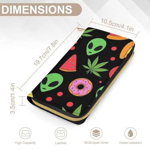 Women's Travel Zipper Purse Fashion Design, Huge Storage Capacity Purse, Cute Decor Wallet, Long PU Wallet Alien Donut Pot Leaf Weedleaf Pizza Black2