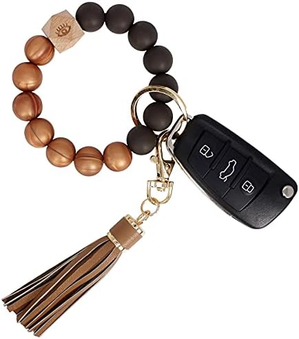 BIHRTC Silicone Beaded key Ring Wristlet PU Leather Tassel Wristlet Keychain Bracelet Charm Portable House Car Keys Ring Holder Bangle Keychain Wristlet for Women Girls Wrist Key Chain