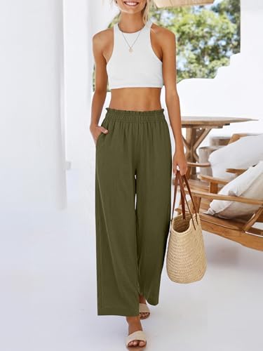 Image of ANRABESS Womens Wide Leg Cropped Palazzo Pants | Lightweight Breathable Elastic High Waisted Pants, Beach Vacation Flowy, Lounge & Casual Summer Trousers with Pockets
