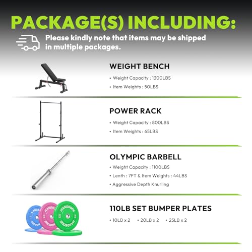 Image of HANDBODE Squat Rack, 7ft Barbell, Weight Bench, Weight Plates Set 110 lb, Home Gym Equipment, Silver