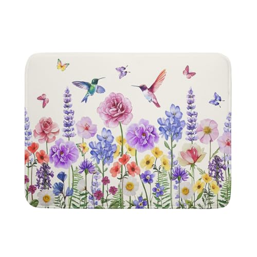 Giwawa Hummingbird Flower Dish Drying Mat 18x24 inch Watercolor Spring Herb Floral Dish Drainer Mats Wildflower Plant Reversible Microfiber Dish Drying Pad for Kitchen Countertop Large Decor
