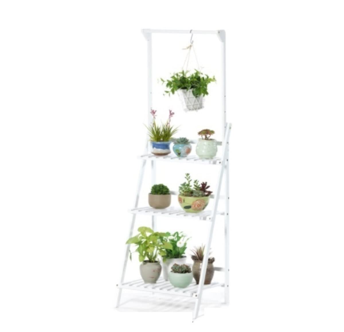 YYLMKMFC-AE Plant Stand Shelves Flower Holder 3-Tier Folding Pot Organizer Display Rack Adjustable Outdoor Shelf(White,40 * 50cm)