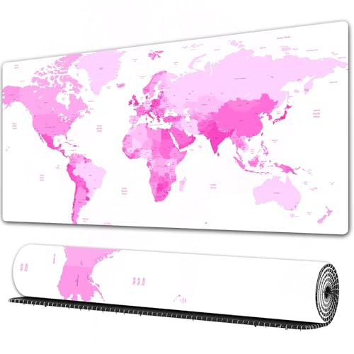 FEHWI Alfombrilla ratón 90×40 cm,Rosa pálido, Lindo Mapa del Mundo Continentes Isla Tierra Pacífico Atlas Europa,Mouse Pad con Superficie Suave y Base de Goma Antideslizante,Oficina y Gaming en casa