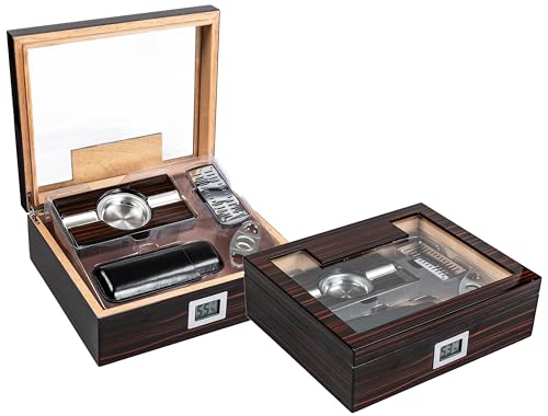 Prestige Import Group Kensington Glass Top Cigar Humidor Gift Set in Ebony Cherry Wood Finish - Includes: Ashtray, Humidifier, Guillotine Cutter, Cigar Case & External Digital Hygrometer