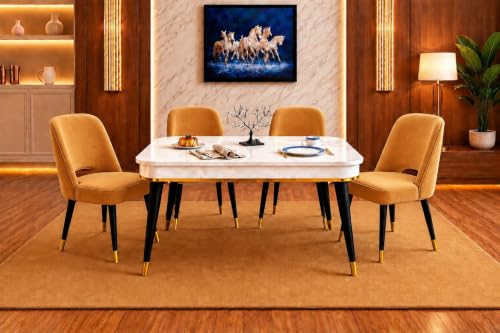 Image of WOODEN SPACE 4 Seater Wooden Dining Table Set | Urban Marble Top Dining Table with Chairs for Dining Room & Kitchen (Modern Vintage Mustard) (42 x 42 x 30 inch)