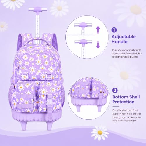 Image of CCJPX Rolling Backpack for Girls, 3Pcs Roller Wheeled School Bookbag, Daisy Wheels Backpacks with Lunch Box for Kids (Purple)