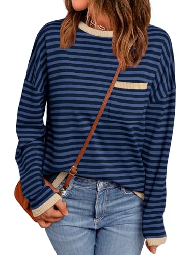 Image of LILLUSORY Womens Striped Soft Knit Pullover Sweater Loose Fit Shirts with Chest Pocket