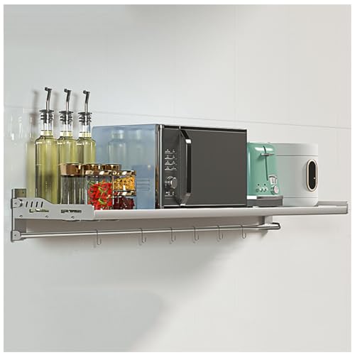 Stainless Steel Wall-Mounted Micro Oven Rack with 6 Hooks Foldable Pot & Pan Holder Spice Rack Kitchen Storage Shelf Oven Bracket