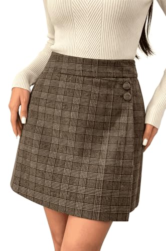 Pink Queen High Waisted Plaid Skirts for Women 2026 Fall Winter Gingham Elastic Waistband A Line Wool Mini Skirts for Women Short Length Bodycon Christmas Holiday Streetwear Outfits Vintage Coffee S