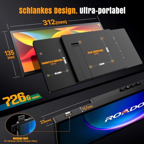 ROADOM 12,3" Mini Touchscreen Monitor, 1920x720 Ultra-Wide Bar USB-C HDMI – Ansicht 6