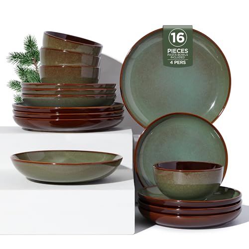 Image of Pokini 16 Piece Double Bowl Dinnerware Sets with Pasta Bowls, Highly Chip and Crack Resistant Plates and Bowls Sets, Natural Earthyware Ceramic Dishware Sets, Service for 4 Sage Green