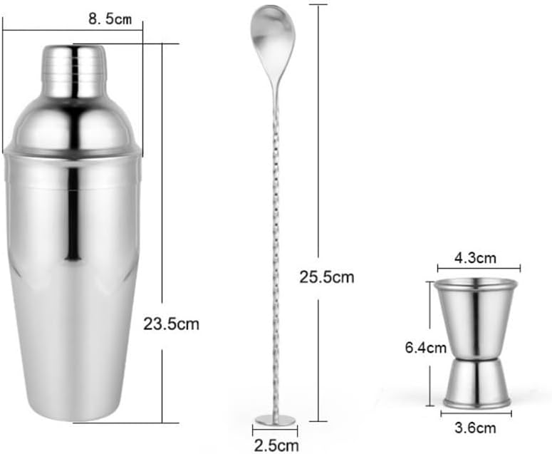 Cocktail Shaker Stainless Steel 3-Piece Bartender Set - Shaker, Measuring Cup & Bar Spoon