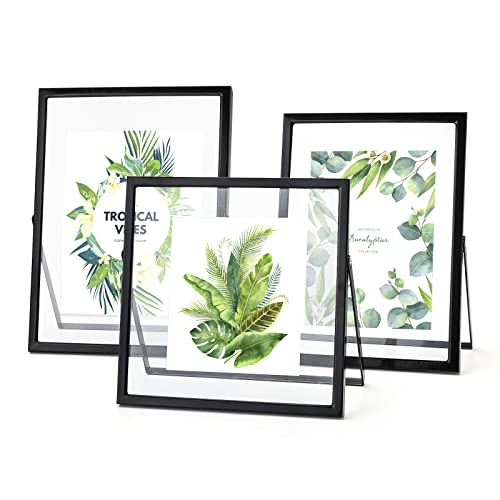 Set Of 3 Glass Photo Frame Collection Simple Metal Geometric Picture Frame Includes 6 X6", 5X 7", 6 X 8" Vertical Glass Frames Square Standing Metal Picture Frames For Pictures Photos Desk Tabletop Display (Black) #TOP7