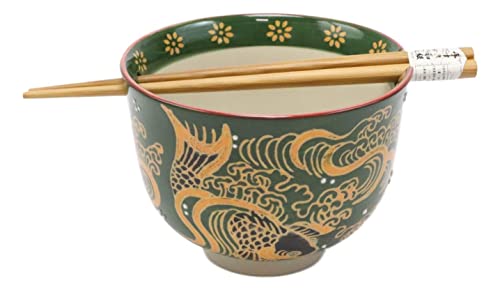 Ebros Gift Colorful Green And Yellow River Koi Fishes With Crystals Ramen Udong Noodles Bowl With Built In Chopsticks Rest And Bamboo Chopstick Set For Kitchen Dining Soup Rice Meal Bowls (1) #TOP3