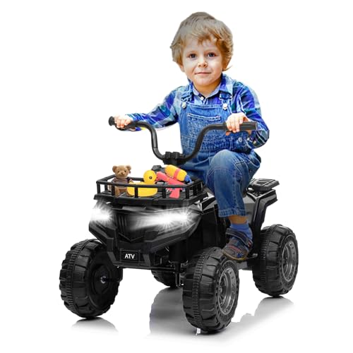 Kids Ride On Car ATV 12V Battery Powered Off-Road Electric Vehicle 4 Wheeler Quad Car Toy with 2 Motors, Storage Basket, Skid-Resistant Tires, Music, LED Headlights, Gift for Boys & Girls, Black