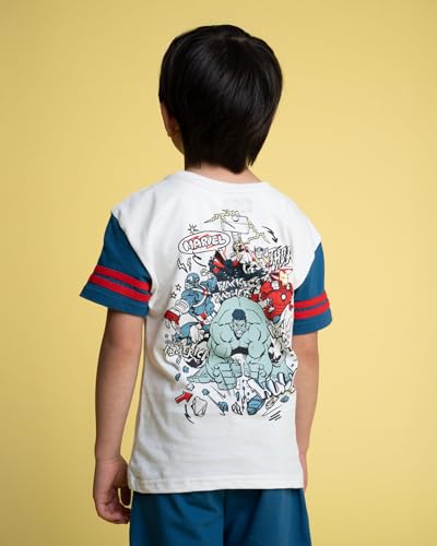 Image of Marvel Avengers Big Boys' 2-Piece T-Shirt and Shorts Set Ivory Blue 10-12 | 100% Cotton, Contrast Raglan Sleeves, Puff Screenprint Logo, French Terry Shorts with Pockets