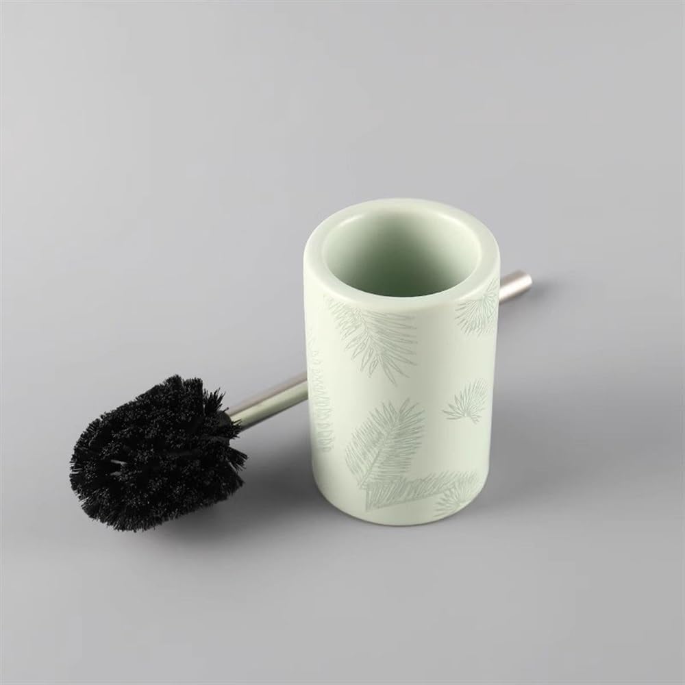 Klobürste Edelstahl-Toilettenbürste mit langem Griff, Keramik, grünes Federmuster, bodenmontierte Toilettenbürste, rundes Toilettenbürsten-Set Toilettenbürste Set