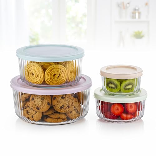 Image of ATTRO Glassox Borosilicate Store Fresh Striped Finish Round Containers with Lids-Microwave,Oven, fridge,dishwasher safe. Transparent-set of 4 (250ml, 470ml, 950ml, 1650ml) elegant-Mix Pastel Colors